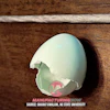 Broken eggshell on wooden surface revealing manufacturing-related graphic inside