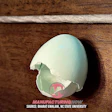Broken eggshell on wooden surface revealing manufacturing-related graphic inside