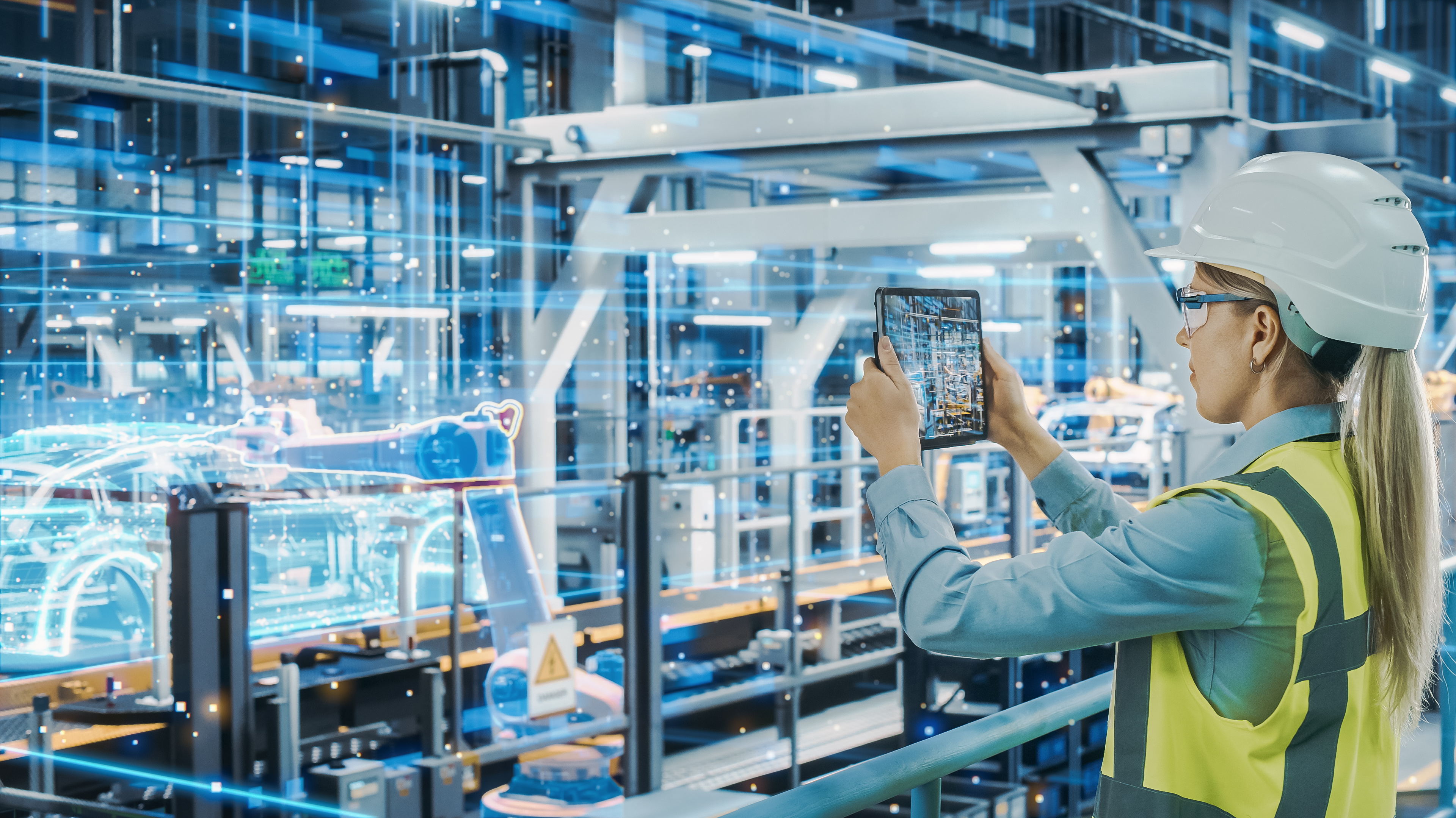 Female factory worker in safety gear photographing industrial equipment in modern manufacturing facility