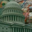 U.S. Capitol dome overlaid with dollar bills and stacked shipping containers symbolizing government, finance, and international trade.