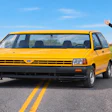 Man in black clothing posing beside a bright yellow vintage minivan on a rural highway with green fields and blue sky