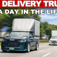 Three Isuzu delivery trucks with white cargo boxes driving on a highway, illustrating Thai delivery services in daily operation