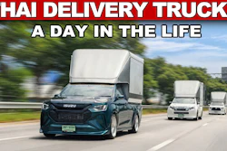 Three Isuzu delivery trucks with white cargo boxes driving on a highway, illustrating Thai delivery services in daily operation