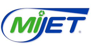 MiJET logo with green and blue text and curved blue swoosh design element