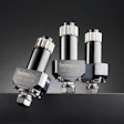 Three metallic Helmolux industrial pressure cartridge vessels with silver and black finishes displayed against dark background