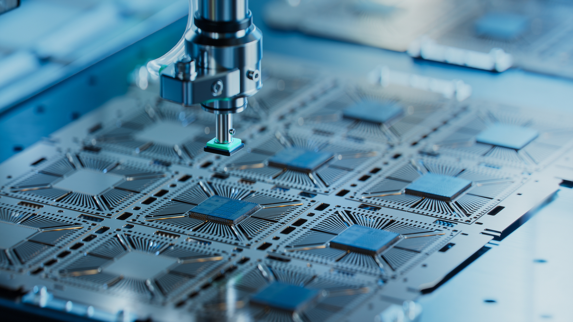 Precision drilling machine performing circuit board assembly with blue-toned industrial equipment