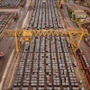 Aerial view of busy shipping port with hundreds of stacked containers, yellow gantry cranes, and cargo handling equipment