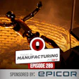 Industrial robot with raised arm against textured background, branded with Today in Manufacturing Episode 289 logo and Epicor sponsorship badge
