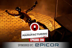 Industrial robot with raised arm against textured background, branded with Today in Manufacturing Episode 289 logo and Epicor sponsorship badge