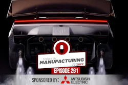 Today in Manufacturing Episode 291 sponsored by Mitsubishi Electric, featuring a high-performance vehicle with exhaust flames